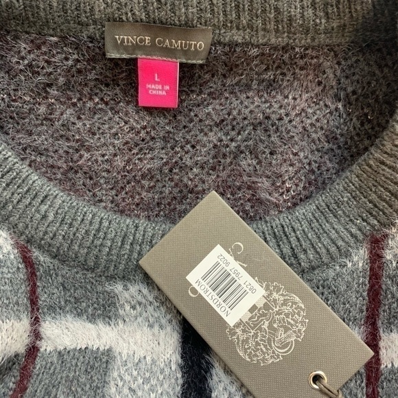 Vince Camuto Plaid Eyelash Sweater Large Gray - Picture 5 of 5